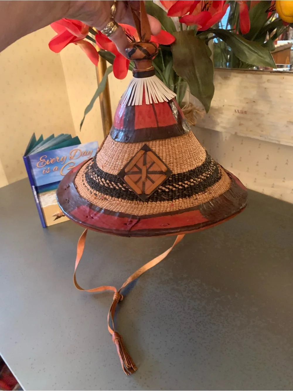 VINTAGE Fulani Hat from West Africa, HANDMADE Conical fiber straw leather trim.